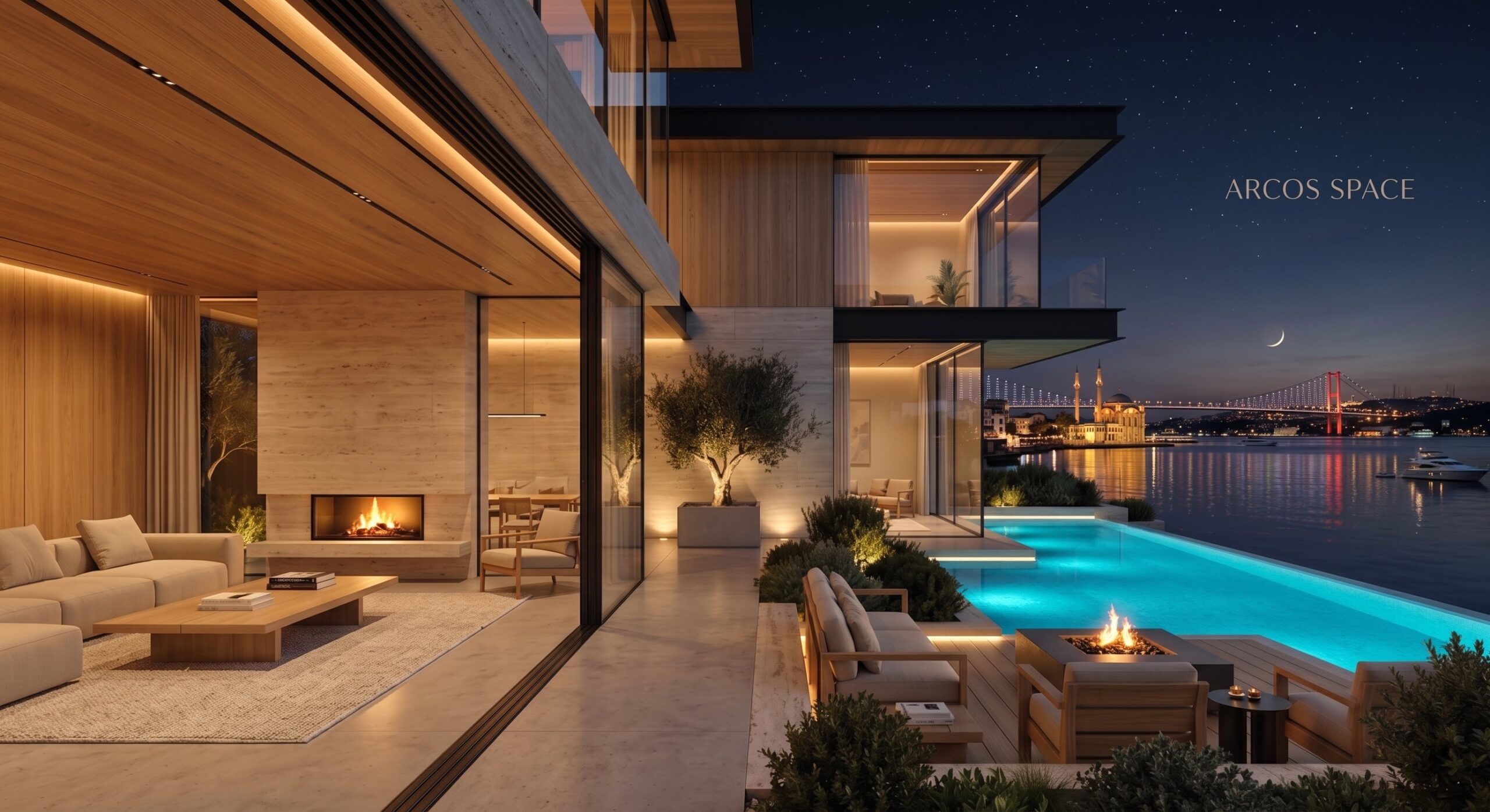 Luxury modern villa with floor-to-ceiling glass walls, outdoor infinity pool, and panoramic Bosphorus view at sunset, designed by Arcos Space
