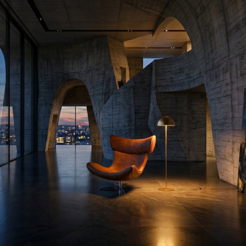 Brutalist concrete interior with a leather chaise lounge and panoramic city skyline view at night - arcos